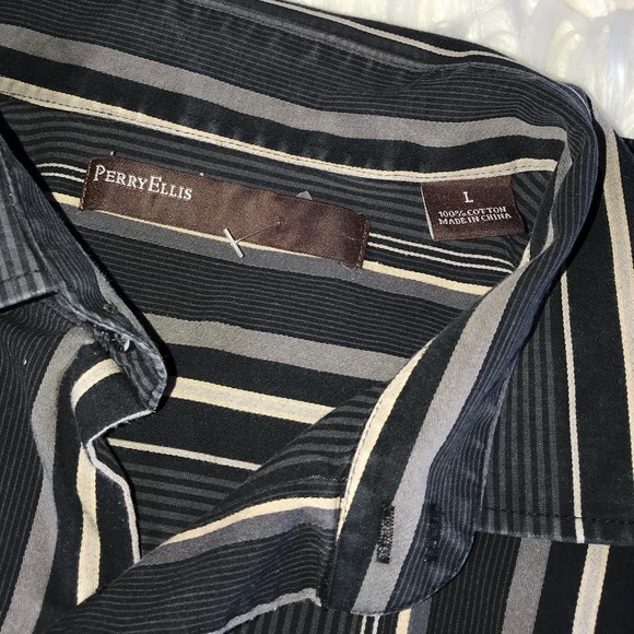 Perry Ellis Black Tan Striped Button Down Shirt - Picture 4 of 4